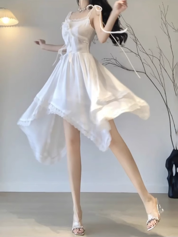 Niulatu High Low Straps White Chiffon Party Prom Dresses Birthday Outfits SD563
